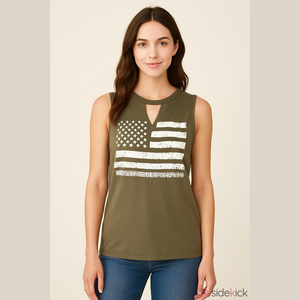 Women's Long Tank Top Size M Olive Green American Flag